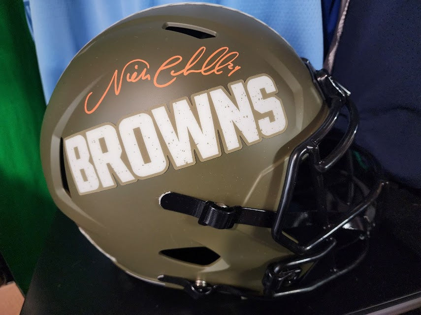 Nick Chubb Autographed Salute to Service Browns Full Size Helmet Beckett COA
