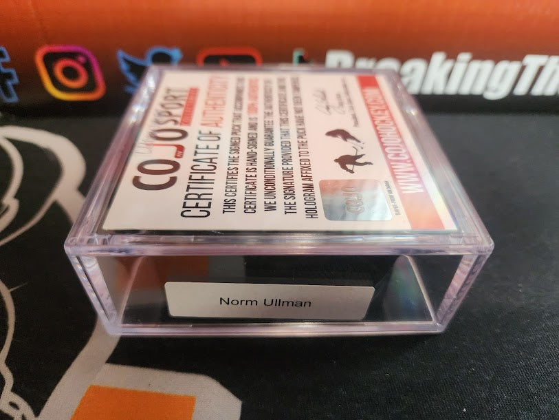 Norm Ullman Autographed HOF Inscribed Puck Maple Leafs