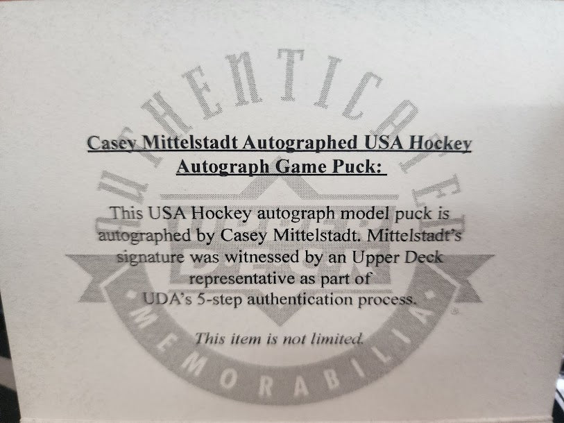 Casey Mittelstadt Autographed USA Game Puck Upper Deck COA Bruins