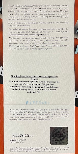 Alex Rodriguez Autographed Mini Helmet 27/103 UDA COA Rangers Limited