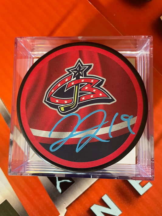 Liam Foudy Autographed Blue Jackets NHL Hockey Puck with Display Case COJO COA