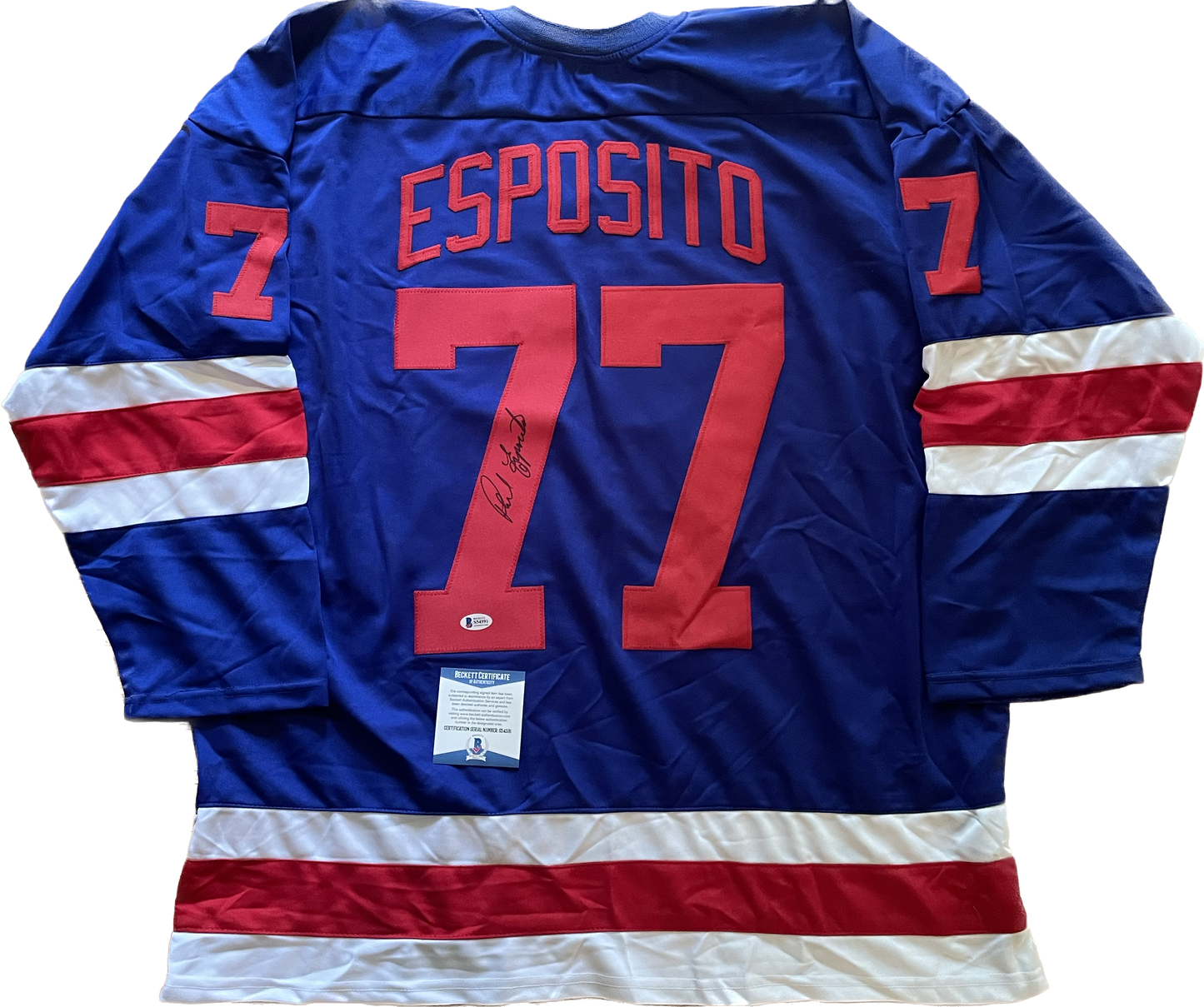 "Phil Esposito Autographed New York Rangers Custom Jersey with Beckett COA"