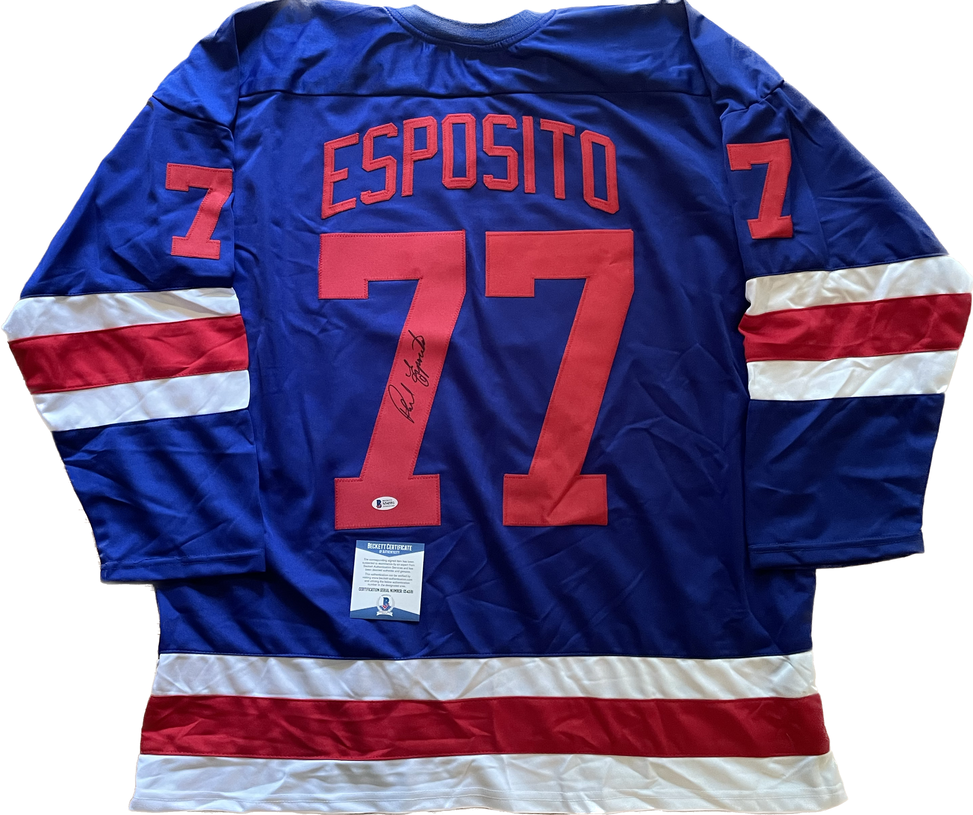 "Phil Esposito Autographed New York Rangers Custom Jersey with Beckett COA"