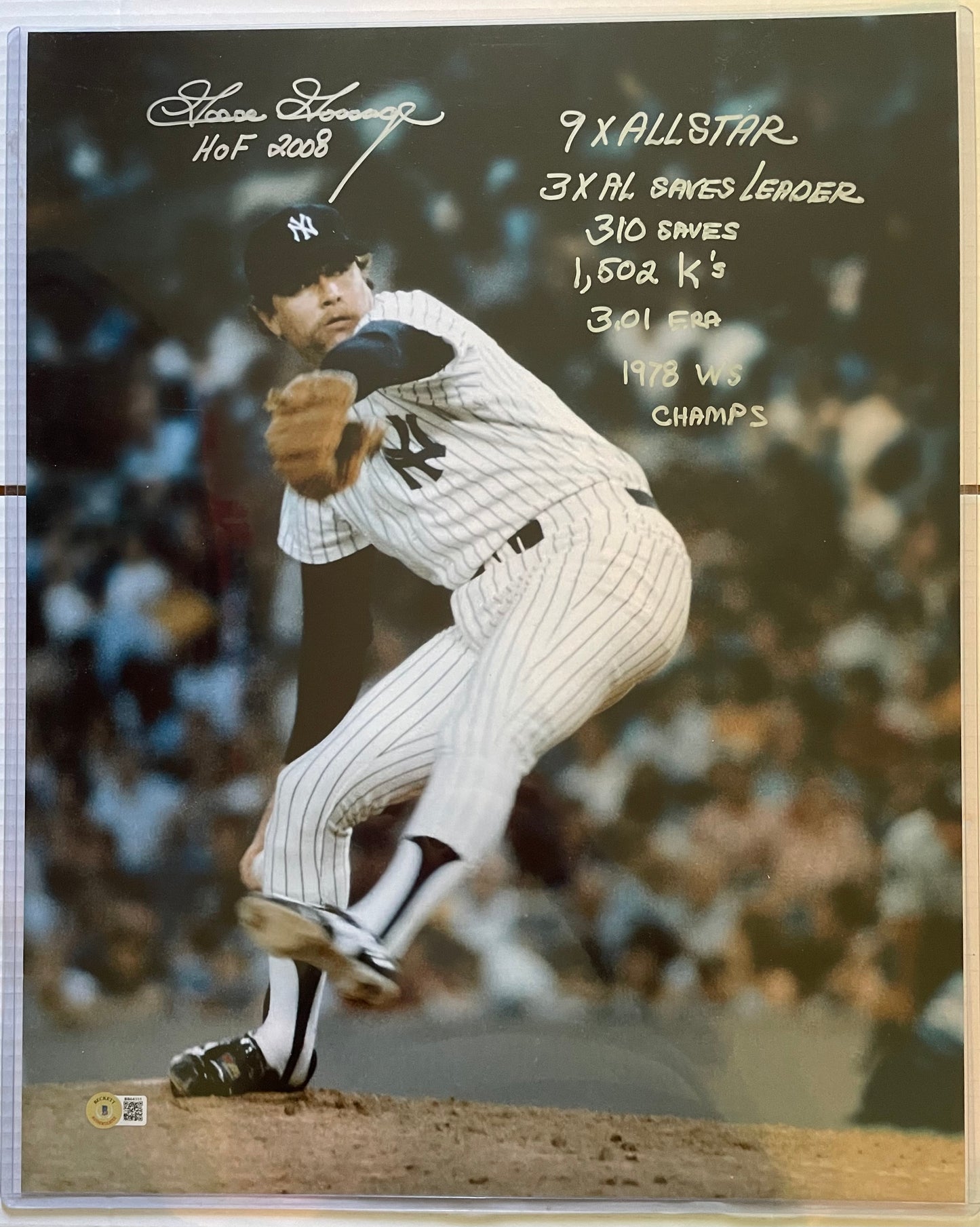 Goose Gossage Yankees Autographed Baseball 16x20 Photo Stats Inscriptions Beckett COA