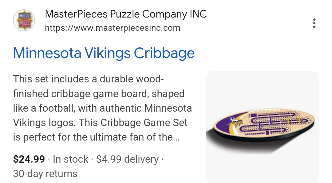 NEW with no box - MasterPieces NFL Minnesota Vikings Cribbage Game Set, Assorted, 14" x 40" (41961)