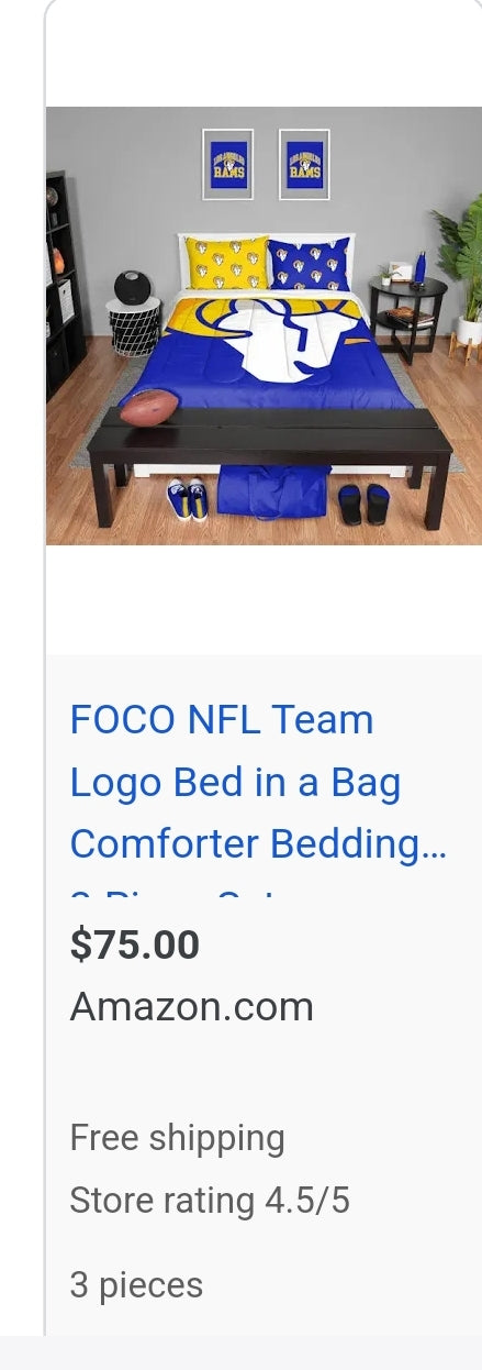 BRAND NEW! $75 on Amazon FOCO Los Angeles Rams NFL Team Color Bed In a Bag Comforter Bedding 3 Piece Twin Set Football