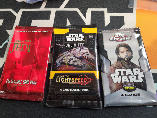 STAR WARS Medley Pack Personal Break - 3 packs! 1 Pack each of Star Wars Unlimited, 2023 Topps Chrome, and 1999 Young Jedi Menace of Darth Maul!