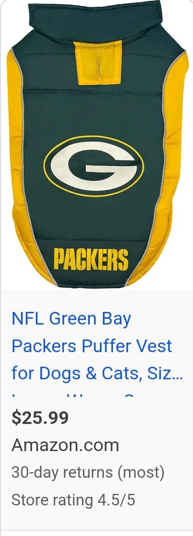 NEW! Dog jersey - compare at $25.99! NFL Green Bay Packers Puffer Vest for Dogs & Cats, Size Medium. Warm, Cozy, and Waterproof Dog Coat, for Small and Large Dogs/Cats. Best NFL Licensed PET Warming Sports Jacket
