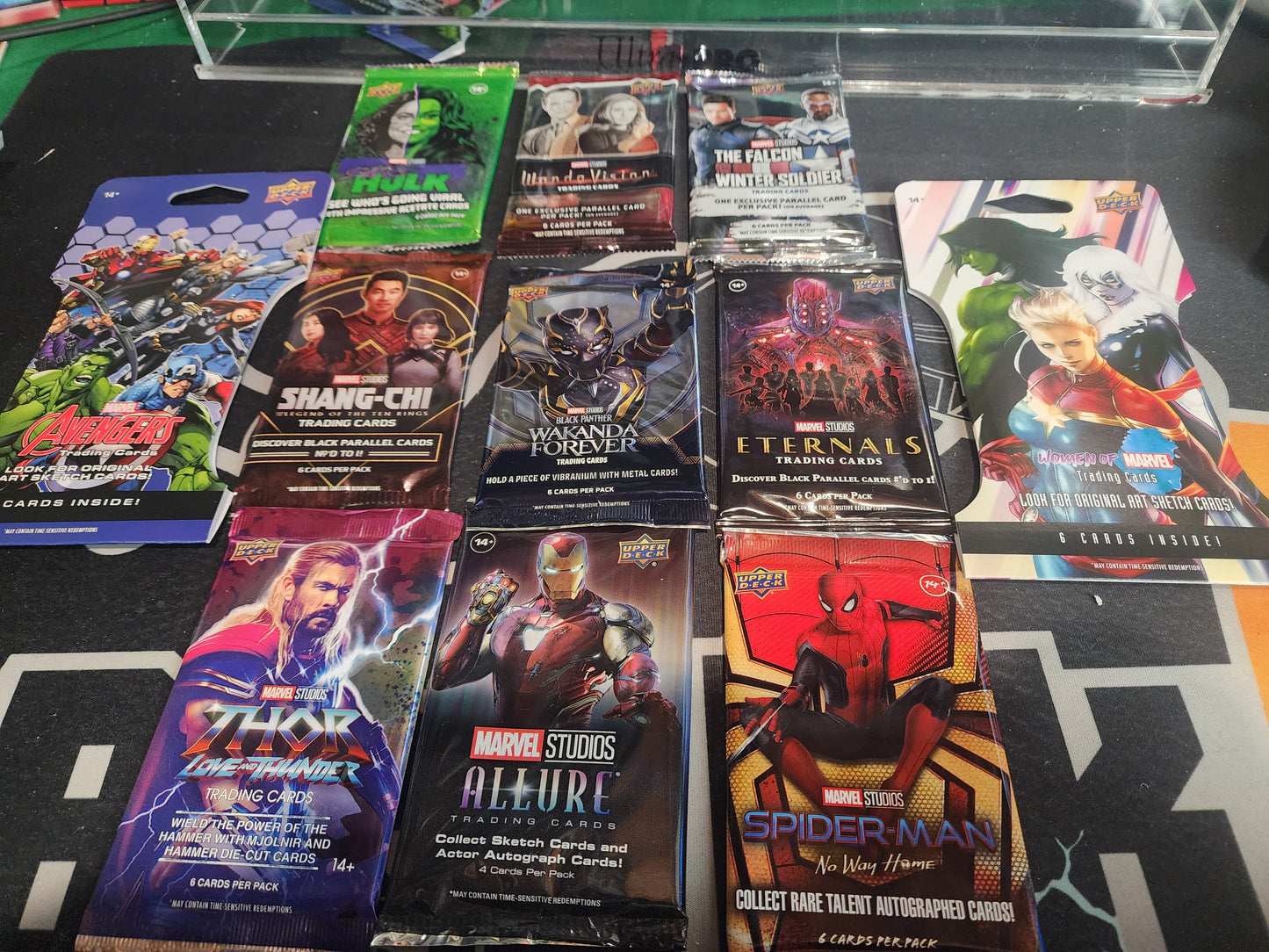 Marvel "Flight" - 11 packs Medley lot! Contains Avengers pack, Women of Marvel Pack, Thor Hobby Pack, Wakanda Forver Hobby Pack, Shang-Chi hobby, Eternals, Allure, Spider-man No Way Home,  She-Hulk, Wandavision, Falcon and the Winter Soldier