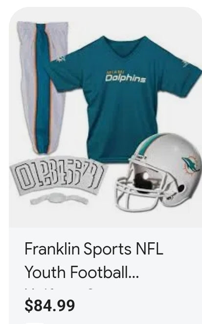 NEW! Compare at $84.99 - Miami Dolphins Franklin Sports boys NFL Team Licensed Deluxe Youth Helmet ans Uniform Set, Team Color, Small US