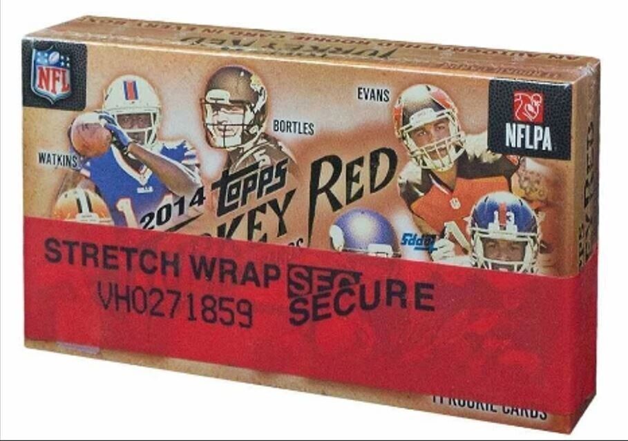 2014 Topps Turkey Red Football Hobby Box. This listing is for a sealed hobby box of 2014 Topps Turkey Red Football! Box contains 1 pack with 11 cards. Each box has 1 autograph guaranteed! NFL. Watkins. Bortles. Evans. NFLPA. 201 Topps Turkey Red. Stretch wrap secure 11 Rookie Cards.