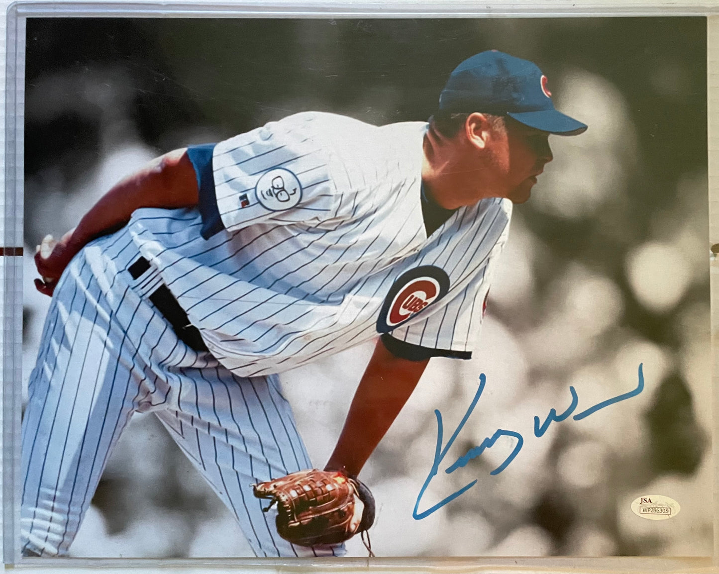 Kerry Wood Chicago Cubs Autographed Baseball 14x11 Photo with JSA COA