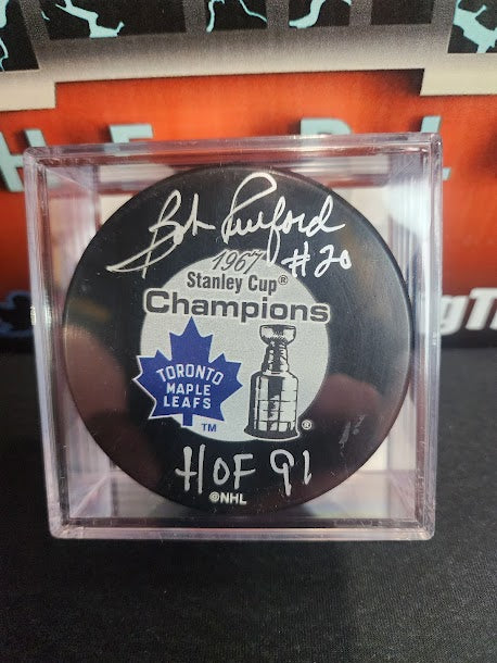 Bob Pulford Autographed HOF Inscription Toronto Maple Leafs Stanley Cup Puck COA