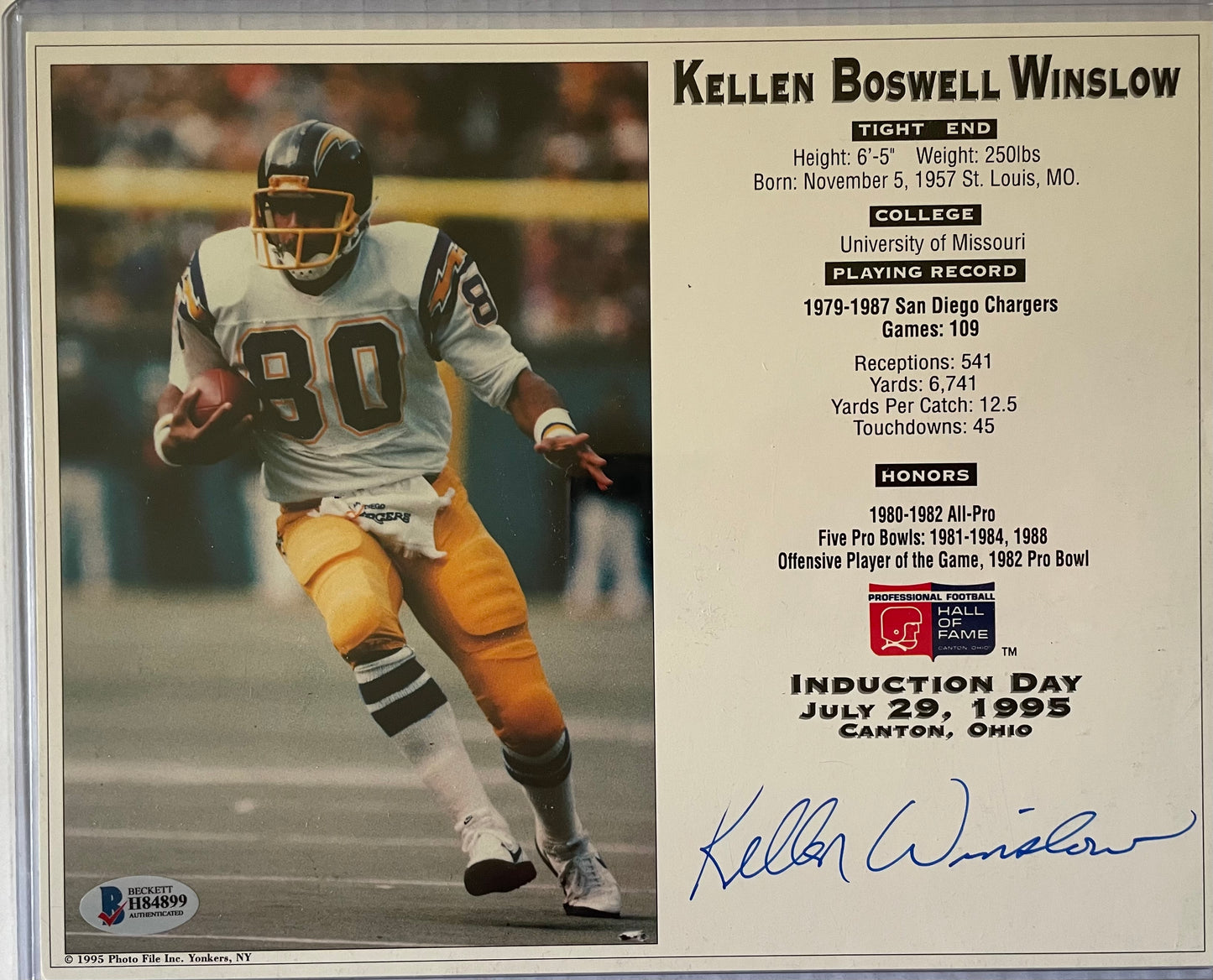 Kellen Winslow Autographed Chargers 8x10 Photo with Beckett COA With Stats