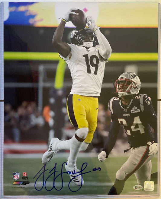 JuJu Smith-Schuster Steelers Autographed Football 16x20 Photo With Beckett COA