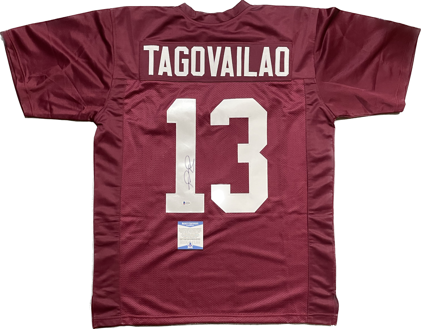 Tua Tagovailoa Autographed College Custom Jersey Beckett COA Dolphins *MISSPELLED NAME ON JERSEY*