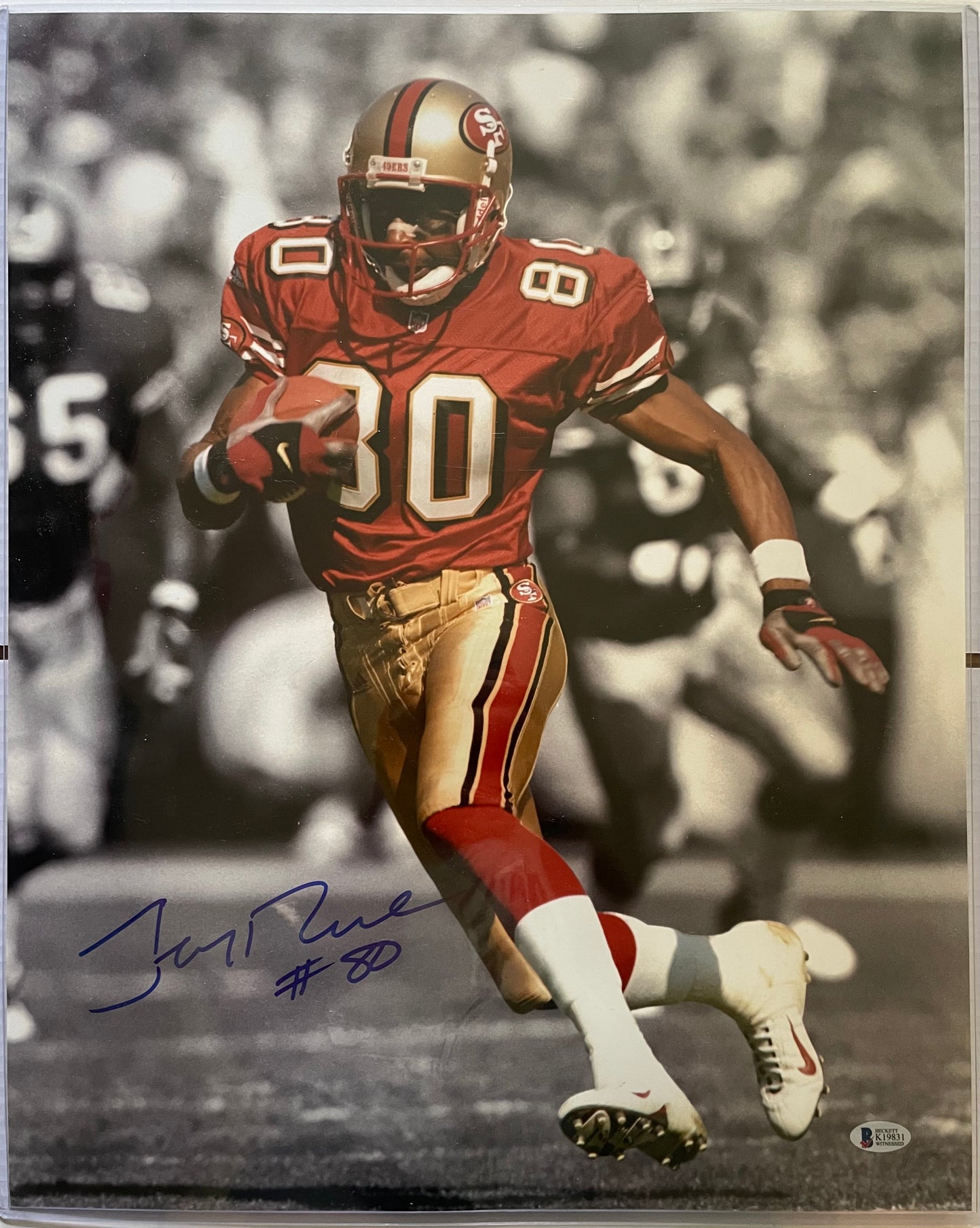 Jerry Rice San Francisco 49ers Autographed Football 16x20 Photo with JSA COA