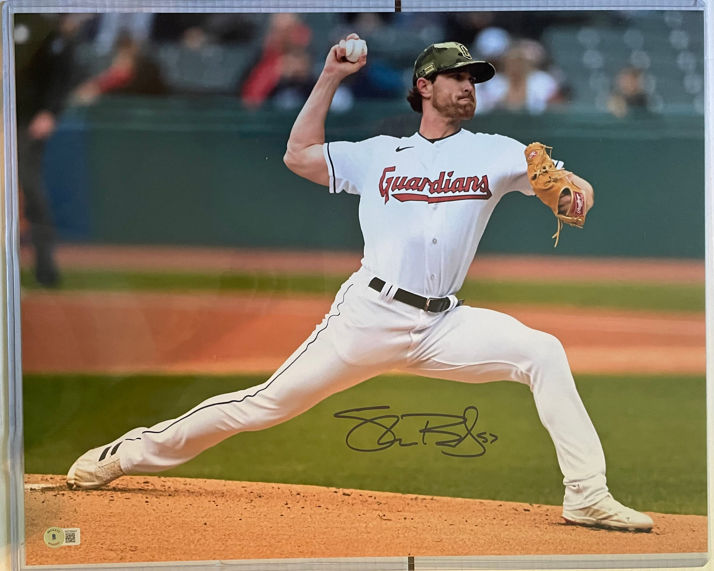 Shane Bieber Guardians Autographed Baseball 16x20 Photo with Beckett COA