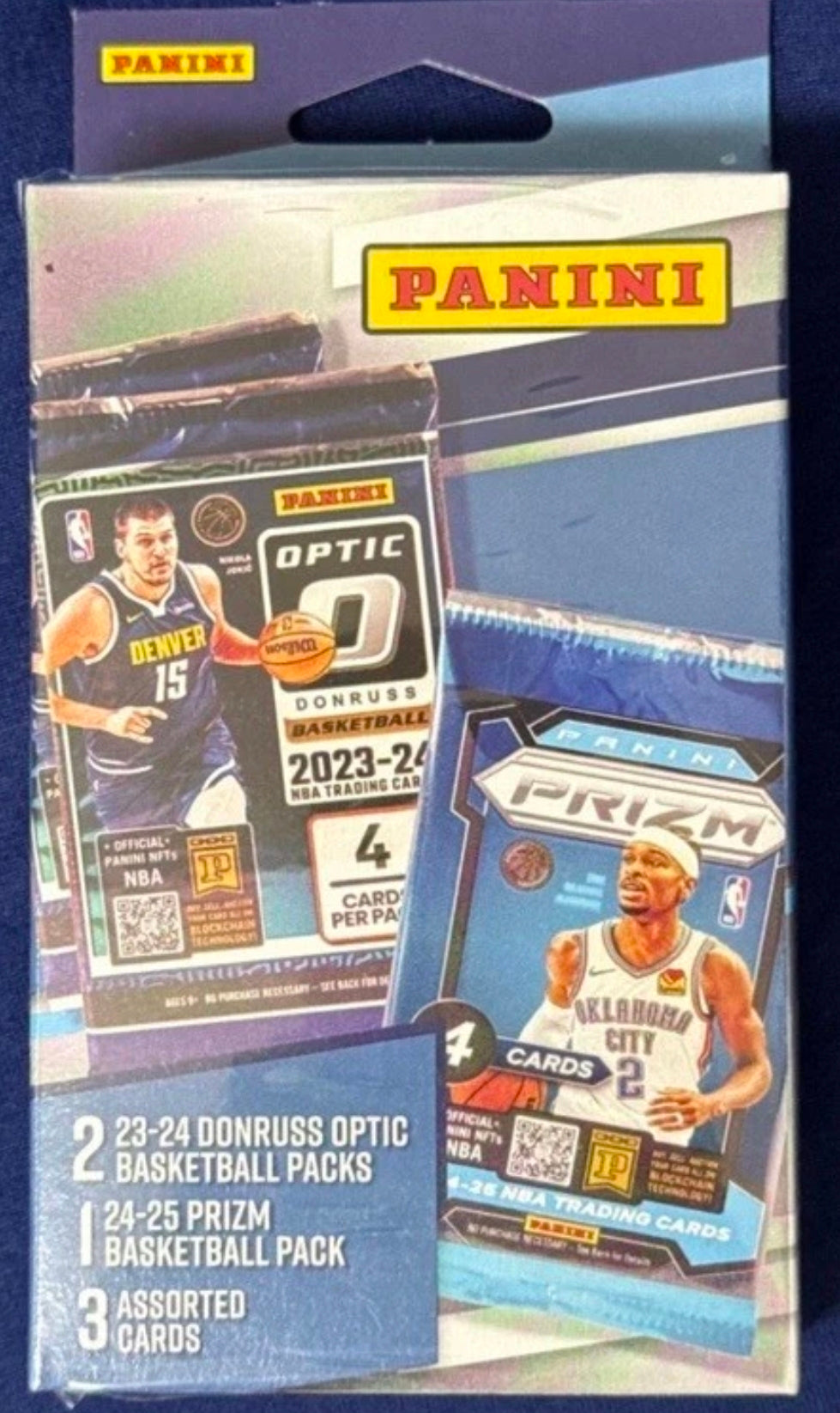 Wemby RC? Panini Basketball Hanger Box - Two packs 2023-24 Panini Optic, 1 Pack 2024-25 Prizm, 3 assorted cards!