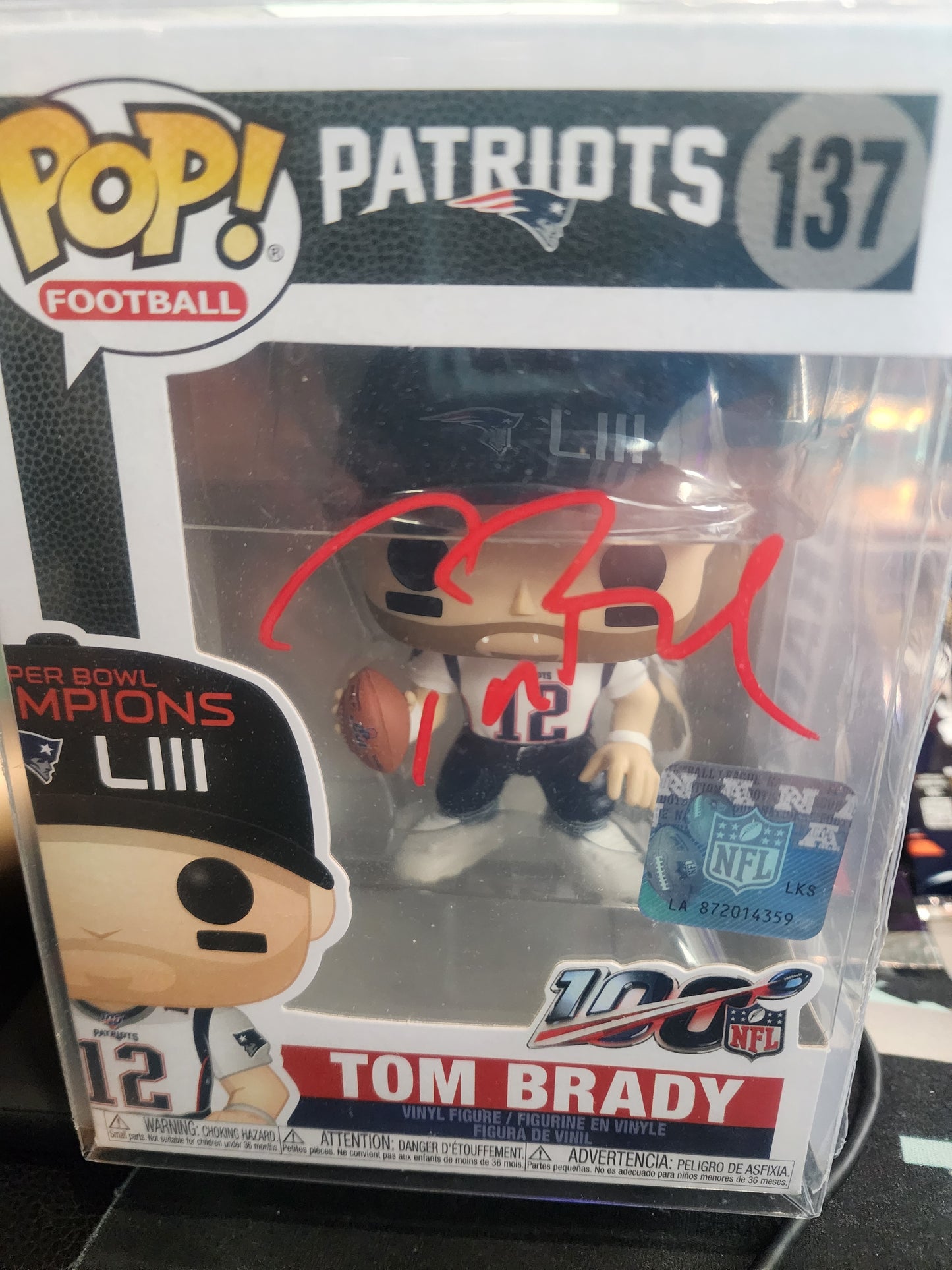 Tom Brady Autographed FUNKO Pop Figure New England Patriots NFL 100 Fanatics COA