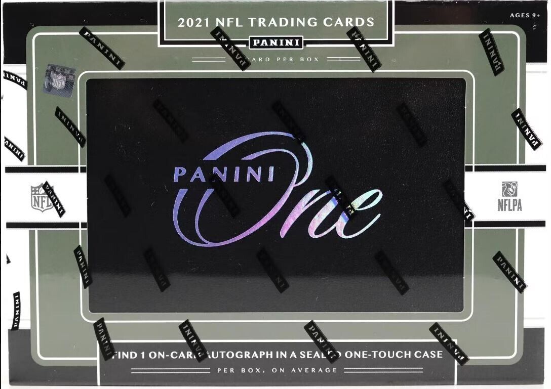 2021 Panini One Football Hobby Box. 2021 NFL Trading Cards PANINI 1 Card per box. NFL logo. PANINI One. NFLPA logo. Find 1 On-card Autograph in a sealed one-touch case per box on average.