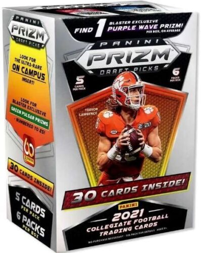 2021 Panini Prizm Draft Picks Football Blaster. Find 1 Blaster Exclusive Purple Wave Prizm per box on average. PANINI Prizm draft picks. 5 Cards per pack 6 pacls per box. Trevor Lawrence. 30 Cards inside. PANINI 2021 collegiate football trading cards. Look for the ultra-rare ON CAMPUS insert! Look for the Blaster Exclusive GREEN PULSAR PRIZMS numbered to 25!.