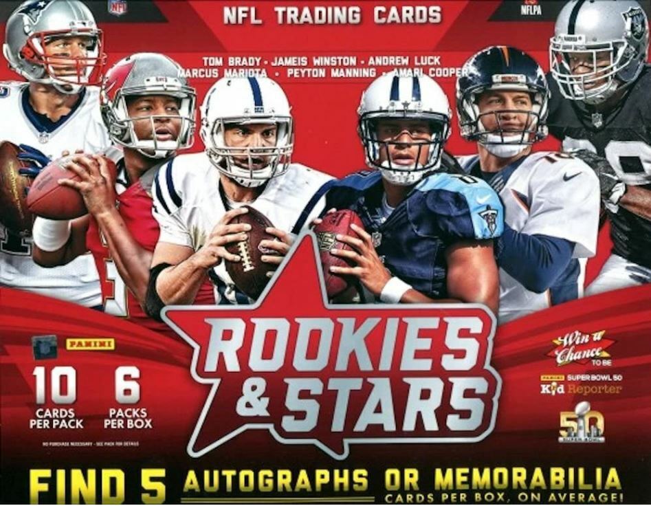 2015 Rookies & Stars Longevity Football Cards Hobby Box. NFL logo, NFLPA logo. NFL Trading Cards. Tom Brady, Jameis Winston, Andrew Luck, Marcus Mariota, Peyton Manning and Amari Cooper. Paninin 10 cards per pack 6 packs per box. Rookie & Stars. Win a chance to be... Find 5 autographs or memorabilia cards per box on average.